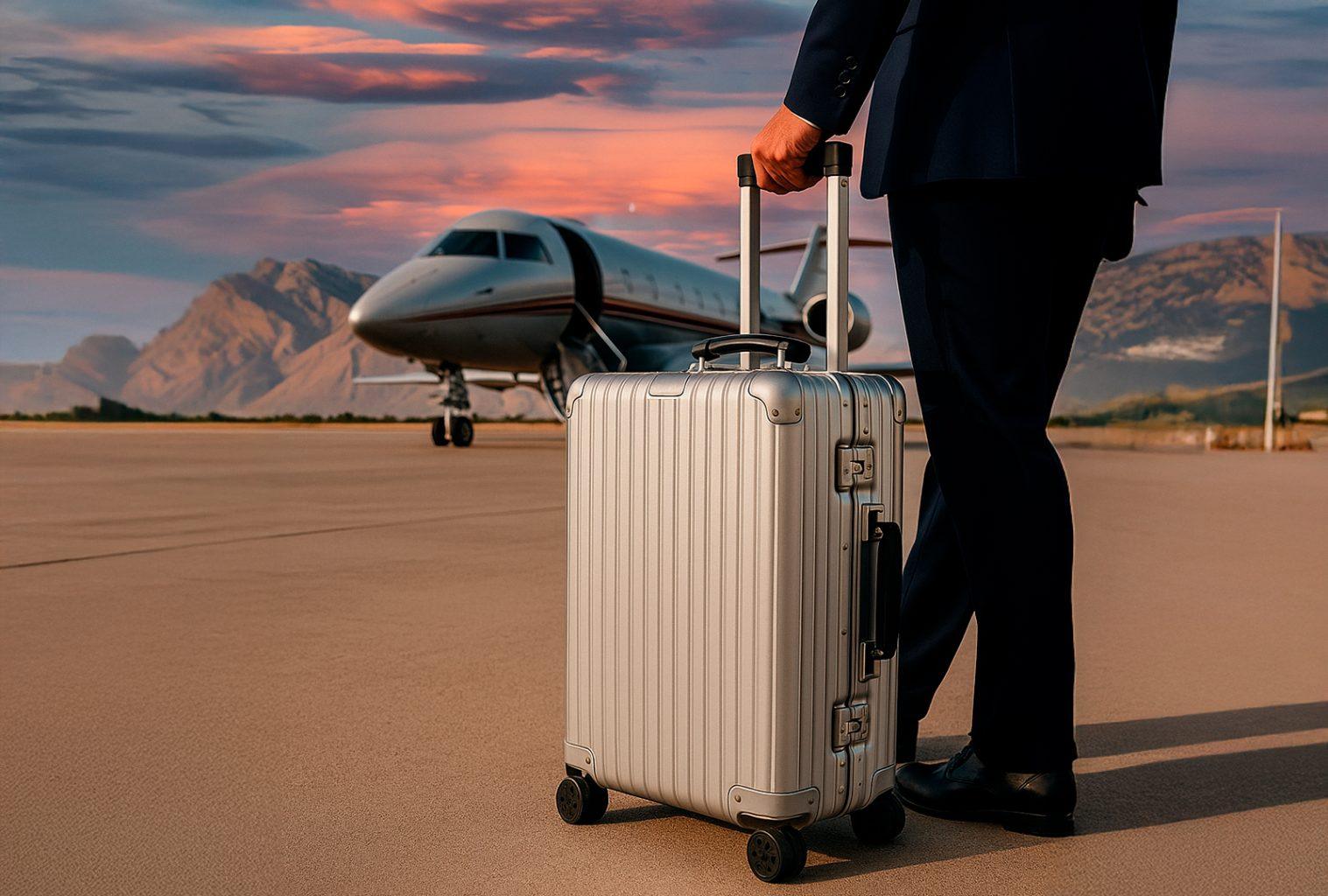 Luxury Rimowa suitcase standing in front of private jet on tarmac.