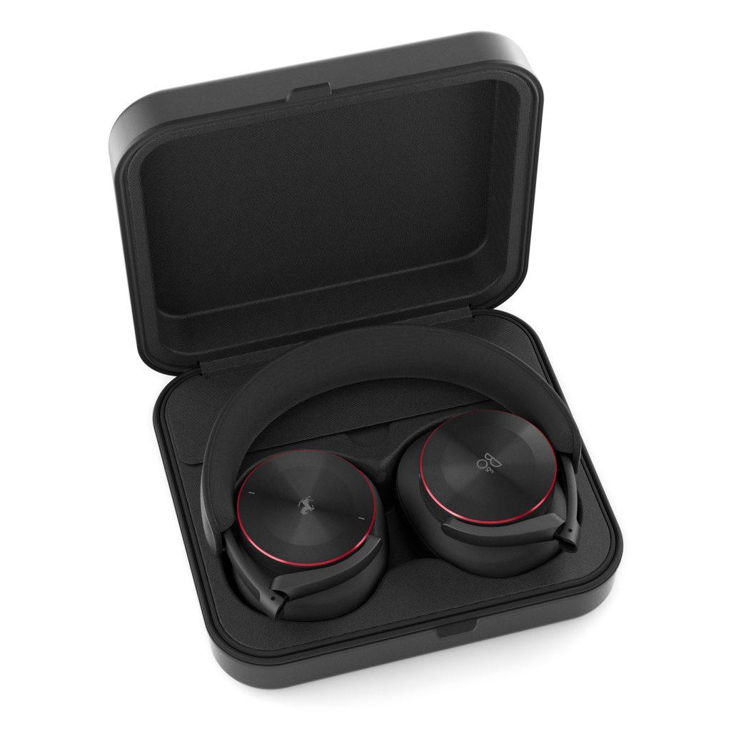 Bang & Olufsen Beoplay H95 Ferrari Edition headphones with black travel case and Scuderia red accents