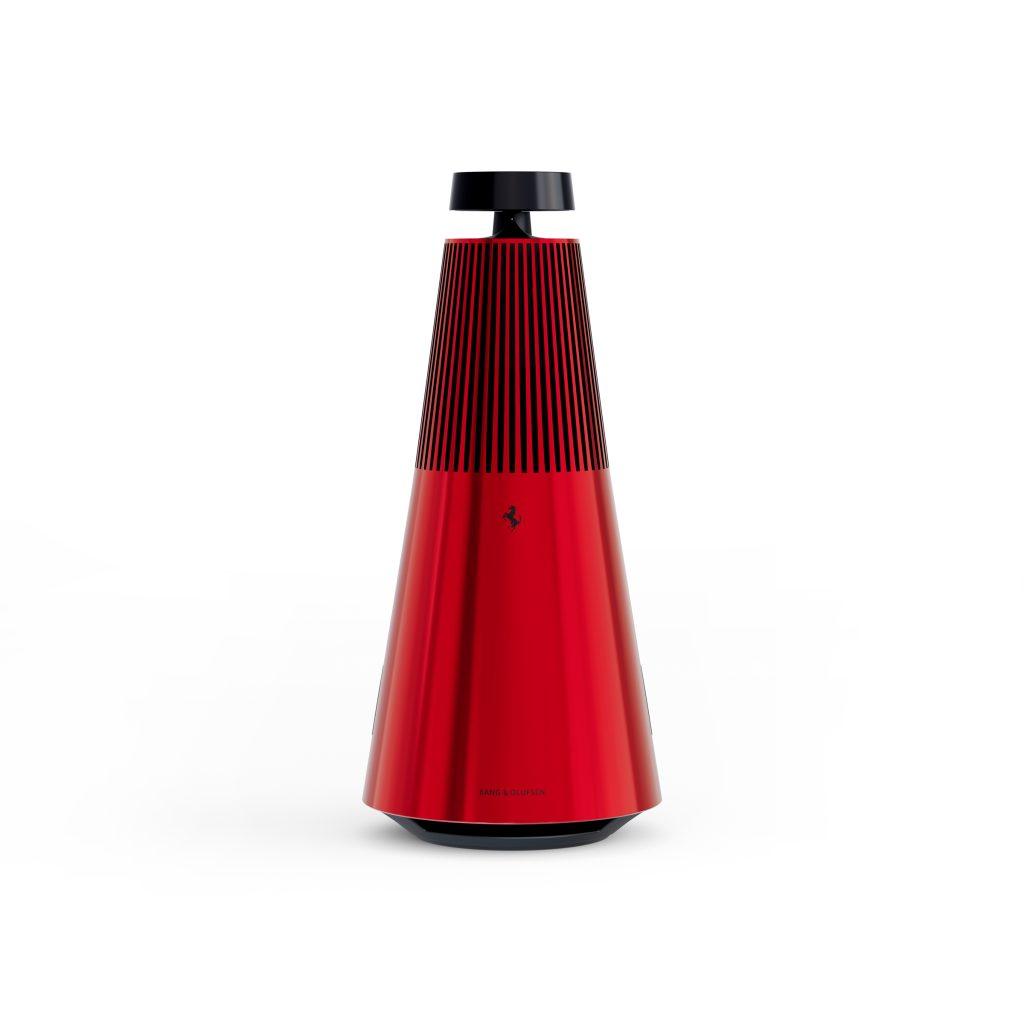 Bang & Olufsen Beosound 2 Ferrari Edition wireless speaker in red and black, sculptural home audio system with 360-degree sound and performance-inspired design.