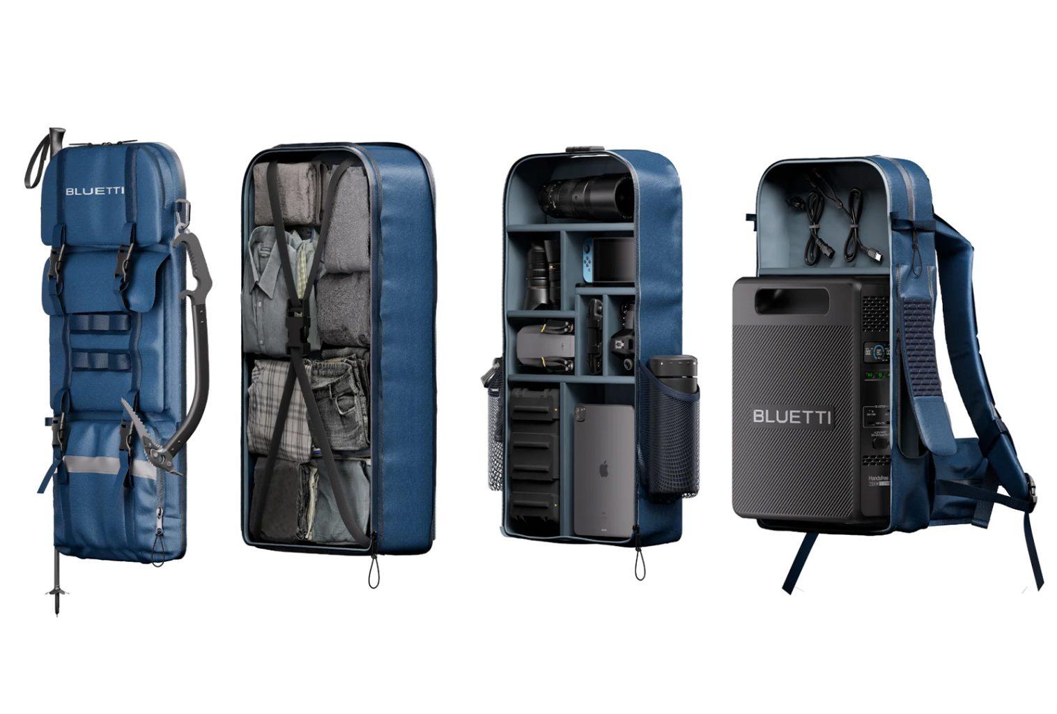 Bluetti hands-free power backpack shown in four views with compartments storing clothing, camera gear, drone, charging cables, and a portable power station