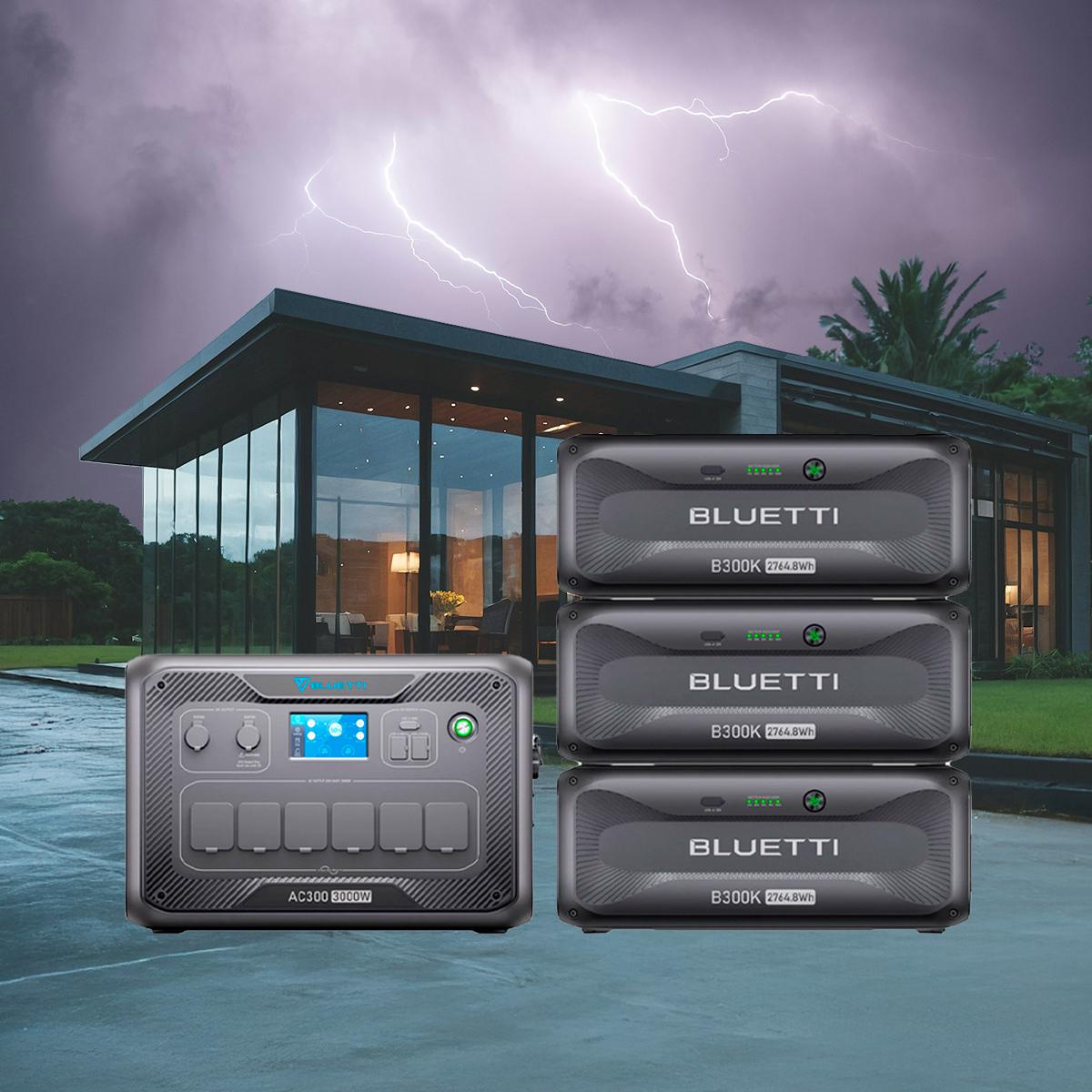 luetti AC300 + B300K home battery system with storm backdrop – luxury off-grid energy