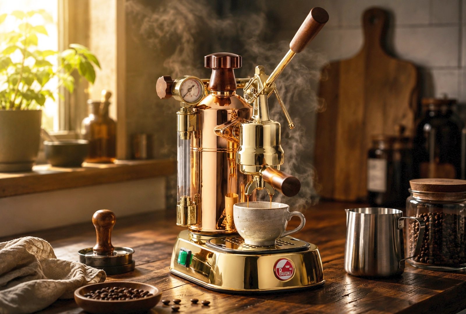 Luxury La Pavoni lever espresso machine brewing coffee on a walnut bench in warm morning light with steam rising and café-style atmosphere.