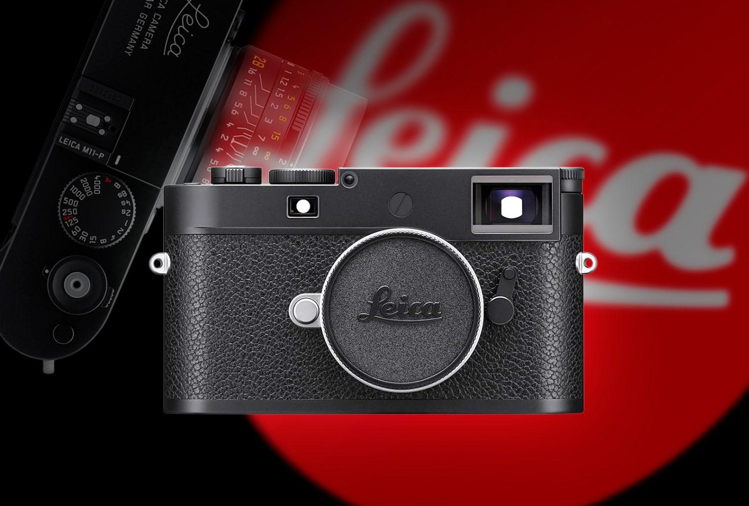 Leica M11-P digital rangefinder camera with iconic red Leica branding, displayed in a luxury editorial style