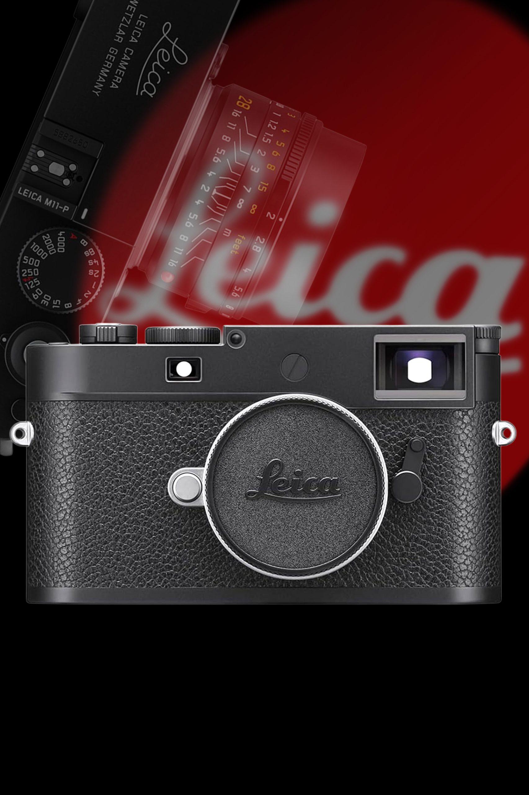 Front-facing Leica M11-P camera with textured black body, overlaid on a red Leica logo background and angled lens detail — promoting elite photography technology.