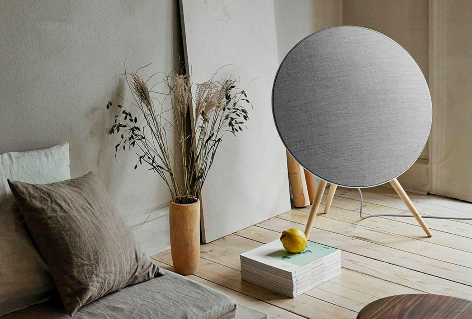 Bang & Olufsen Beosound A9 5th Generation speaker in a minimalist living space, surrounded by neutral tones and natural decor