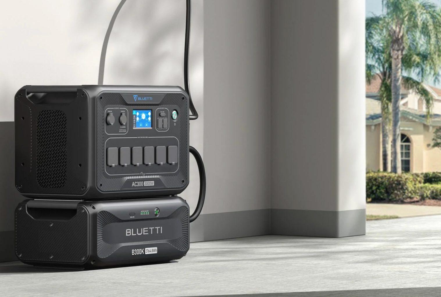 Bluetti AC300 inverter with connected B300 battery modules on concrete floor