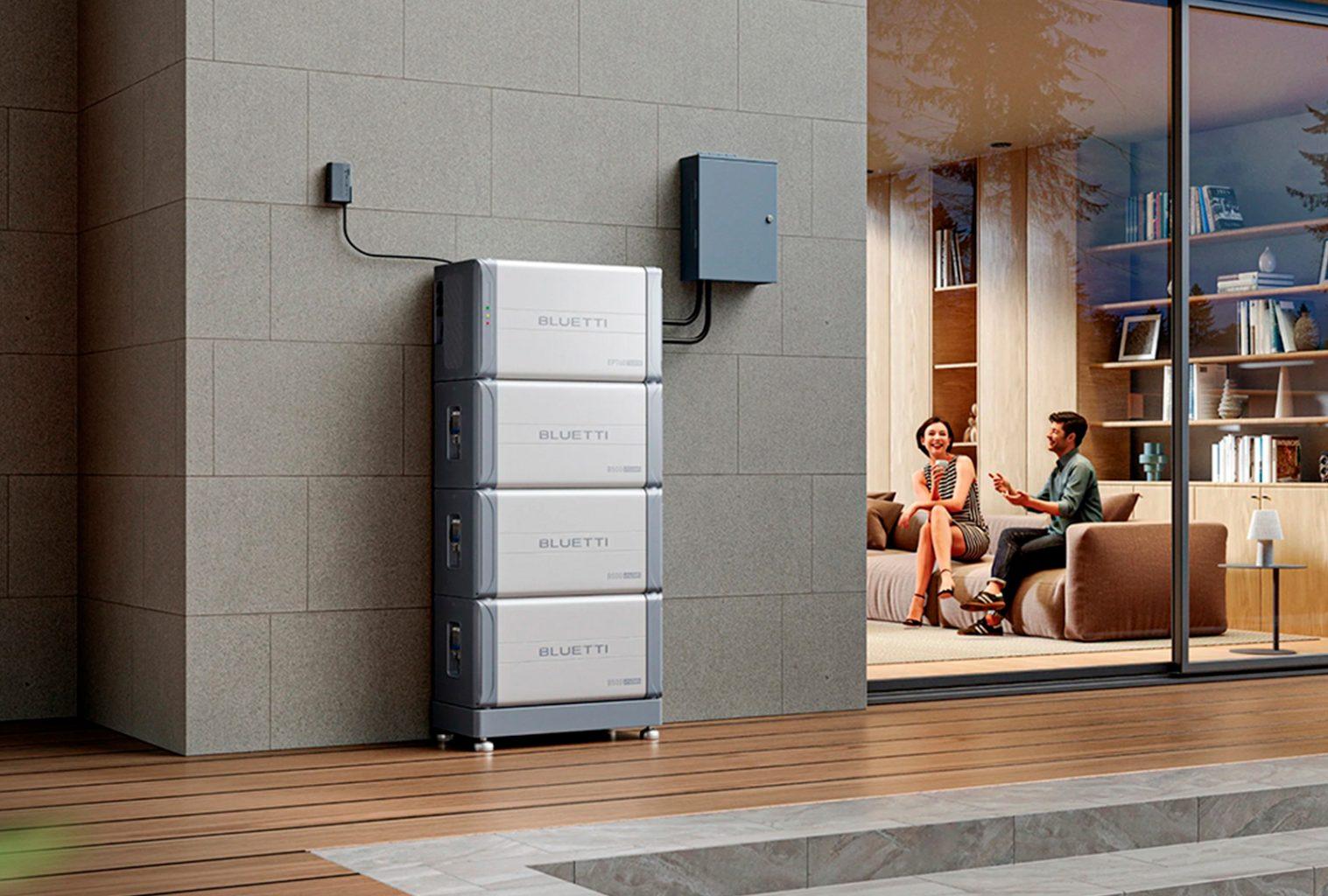 Bluetti home battery system installed outside a modern luxury home, representing off-grid energy independence.
