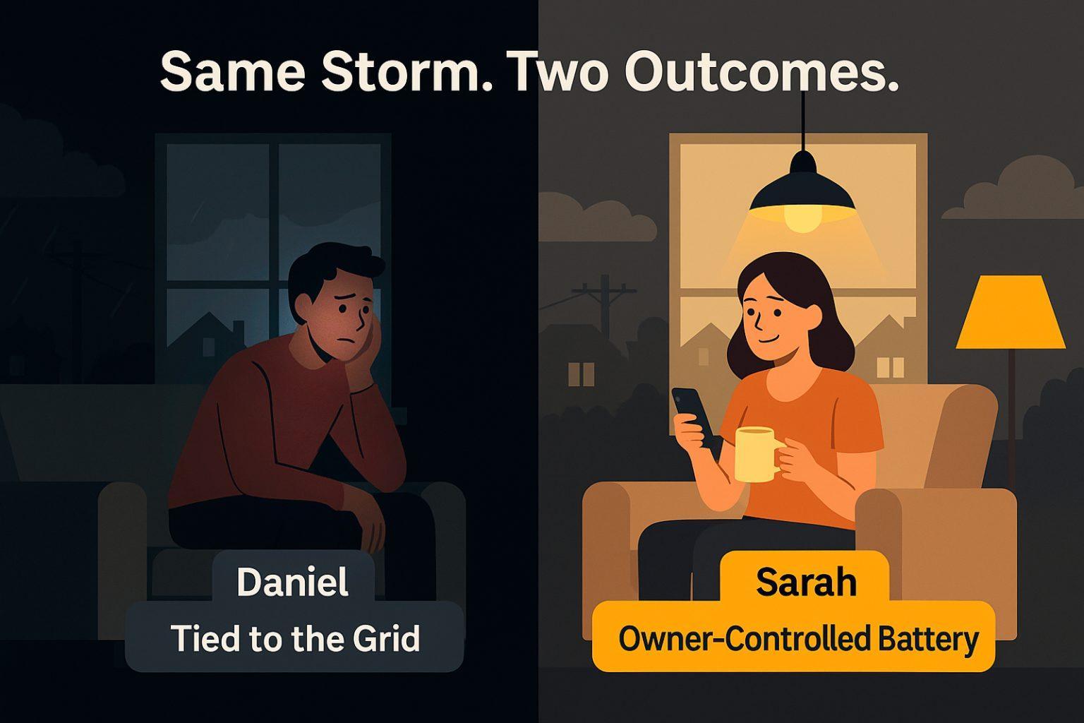 Side-by-side digital illustration showing two households during a power outage. On the left, Daniel sits in the dark, frustrated and without power, labeled “Tied to the Grid.” On the right, Sarah is smiling in a well-lit room, comfortably using her phone and enjoying a hot drink, labeled “Owner-Controlled Battery.” The header reads: “Same Storm. Two Outcomes.
