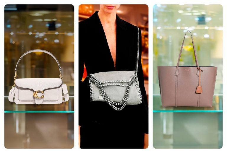 Coach Tabby 26 in light leather, Stella McCartney Falabella Mini worn crossbody with silver chain, and Tory Burch Perry Triple-Compartment Tote in taupe — displayed as a trio of elegant designer handbags.
