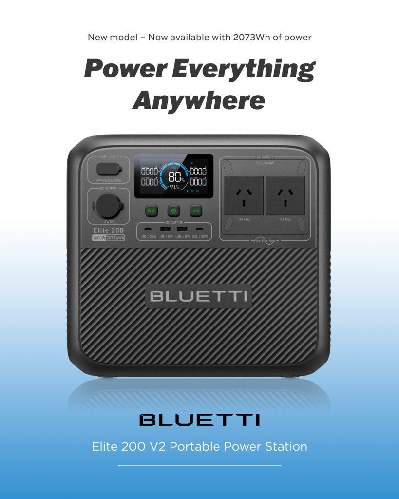 Front view of the Bluetti Elite 200 V2 Portable Power Station with dual AC outlets and full display screen, designed for off-grid power, travel, and emergency use.