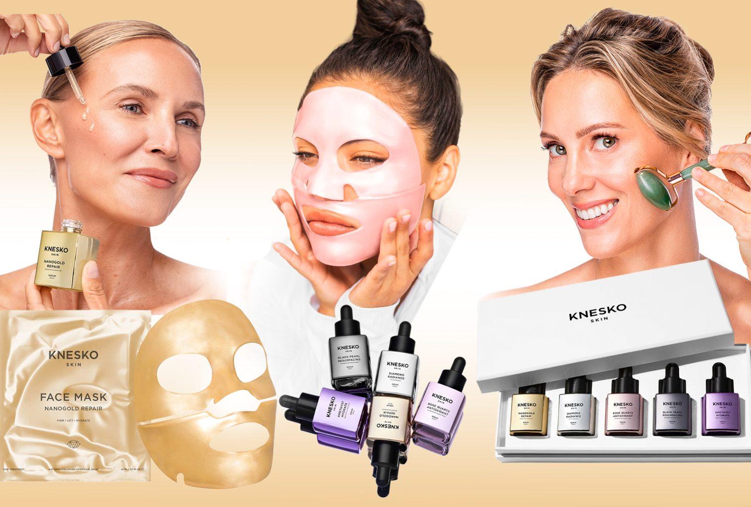 Collage of KNESKO Skin luxury skincare products and rituals, featuring models applying serums, collagen hydrogel masks, and gemstone rollers. Includes gold repair mask packaging, a pink hydrogel mask in use, gemstone rollers, and a discovery set of serums in elegant glass bottles.