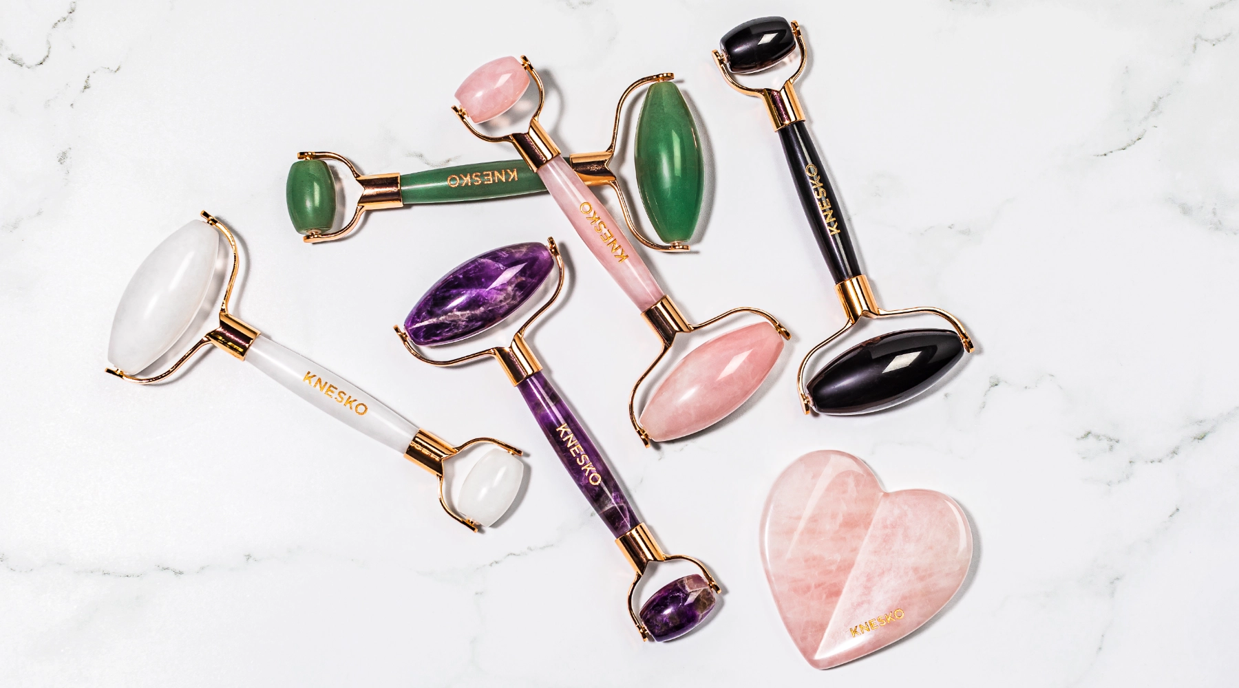 KNESKO gemstone rollers are made from genuine stones with premium rose gold hardware.