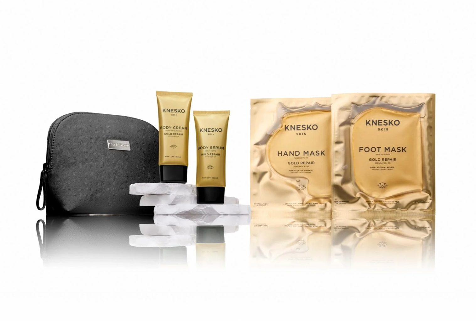 KNESKO Gold Repair collection including hand mask, foot mask, body cream, and serum - luxury skincare ritual products.