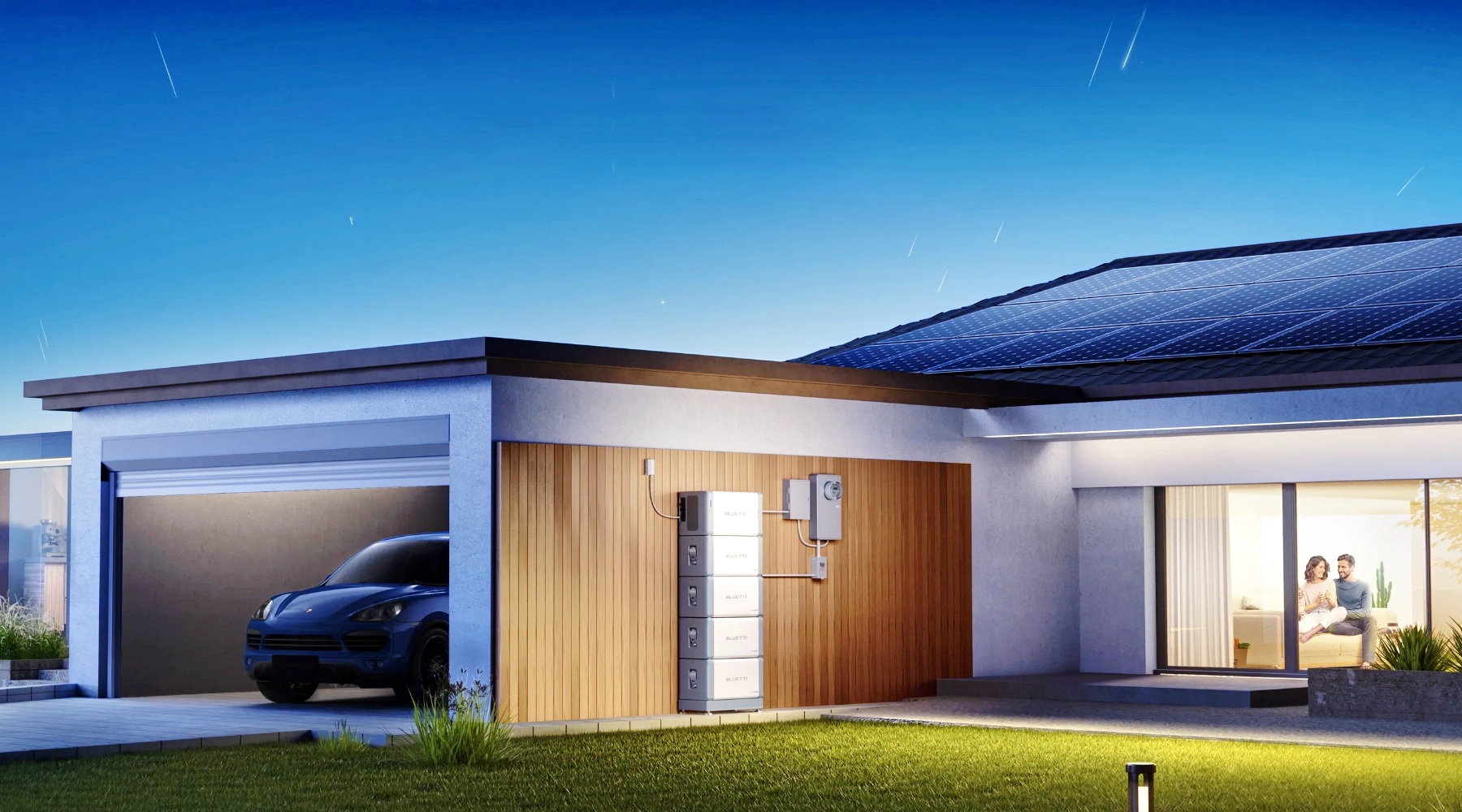 Modern home with Bluetti energy storage system installed on exterior wall, providing reliable backup power and energy independence