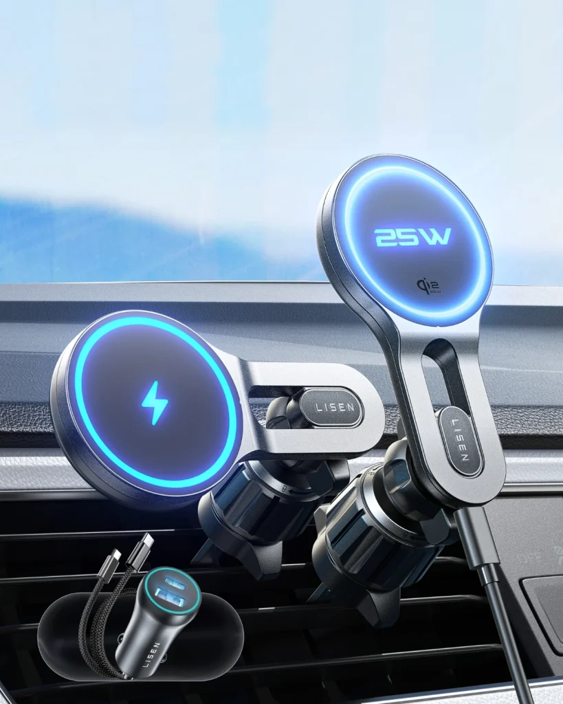 LISEN 25W magnetic car phone mount with wireless charging attached to car air vent, holding smartphone securely for navigation