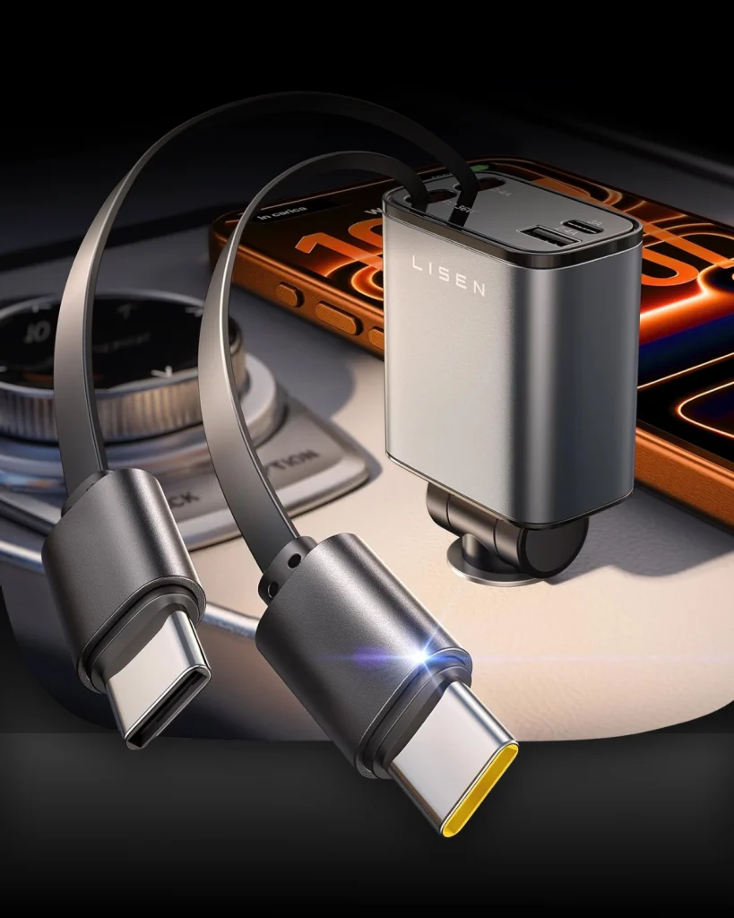 LISEN retractable car charger with dual USB-C cables and fast charging ports connected to smartphone inside modern vehicle interior