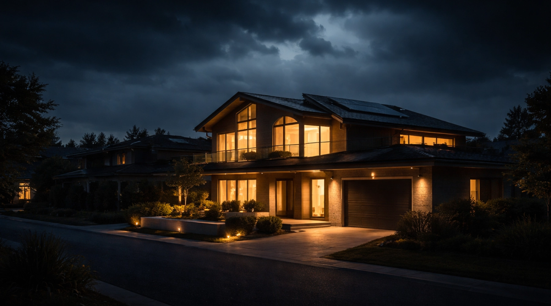 Modern home with lights on during neighbourhood power outage at night, representing energy independence and backup power security