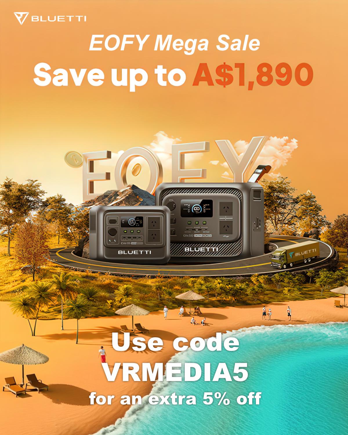 BLUETTI EOFY Mega Sale graphic showing portable power stations with VRMEDIA5 discount code for an extra 5% off sale pricing.