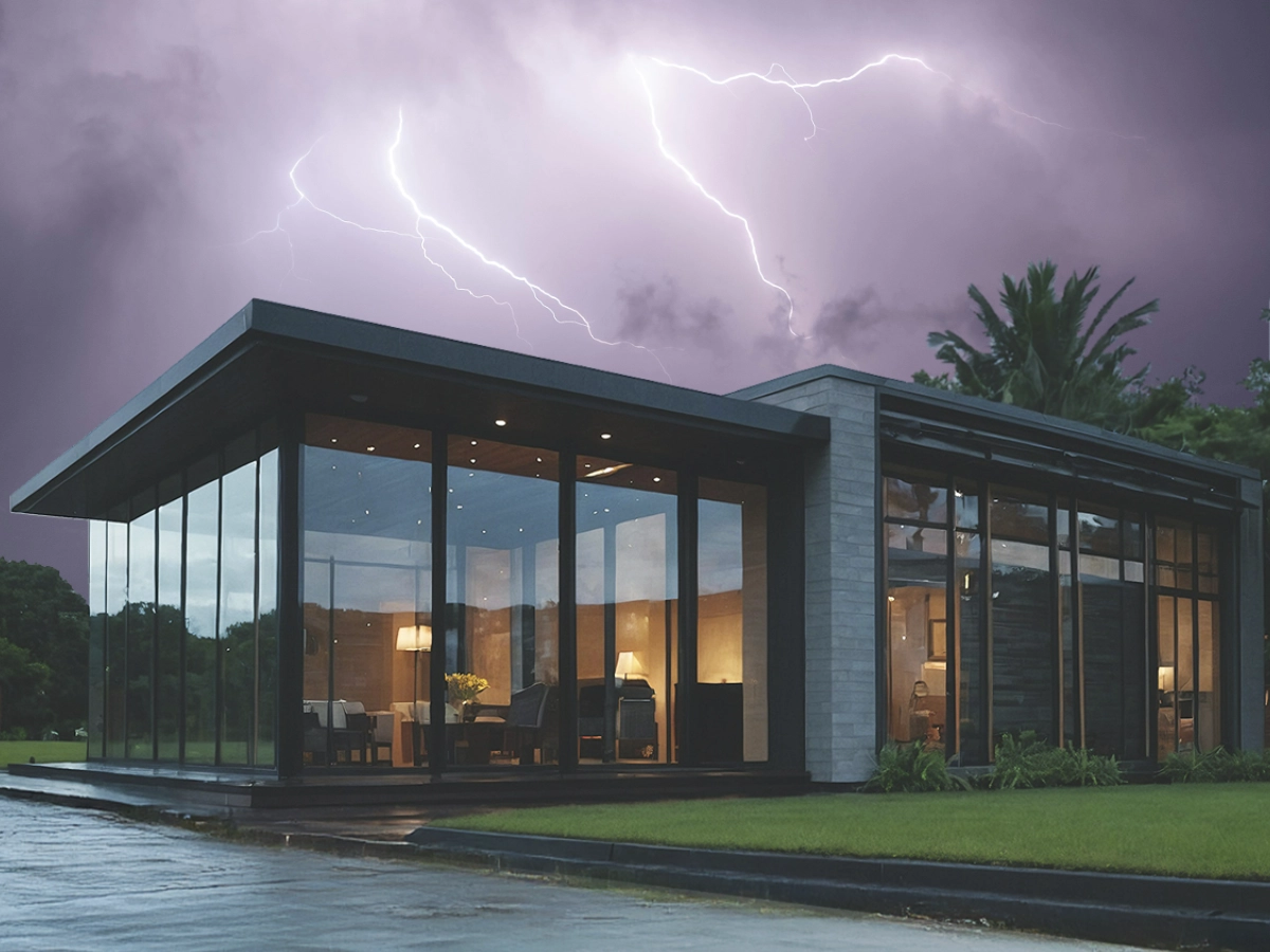Modern home during a lightning storm showing the need for blackout preparedness and backup power