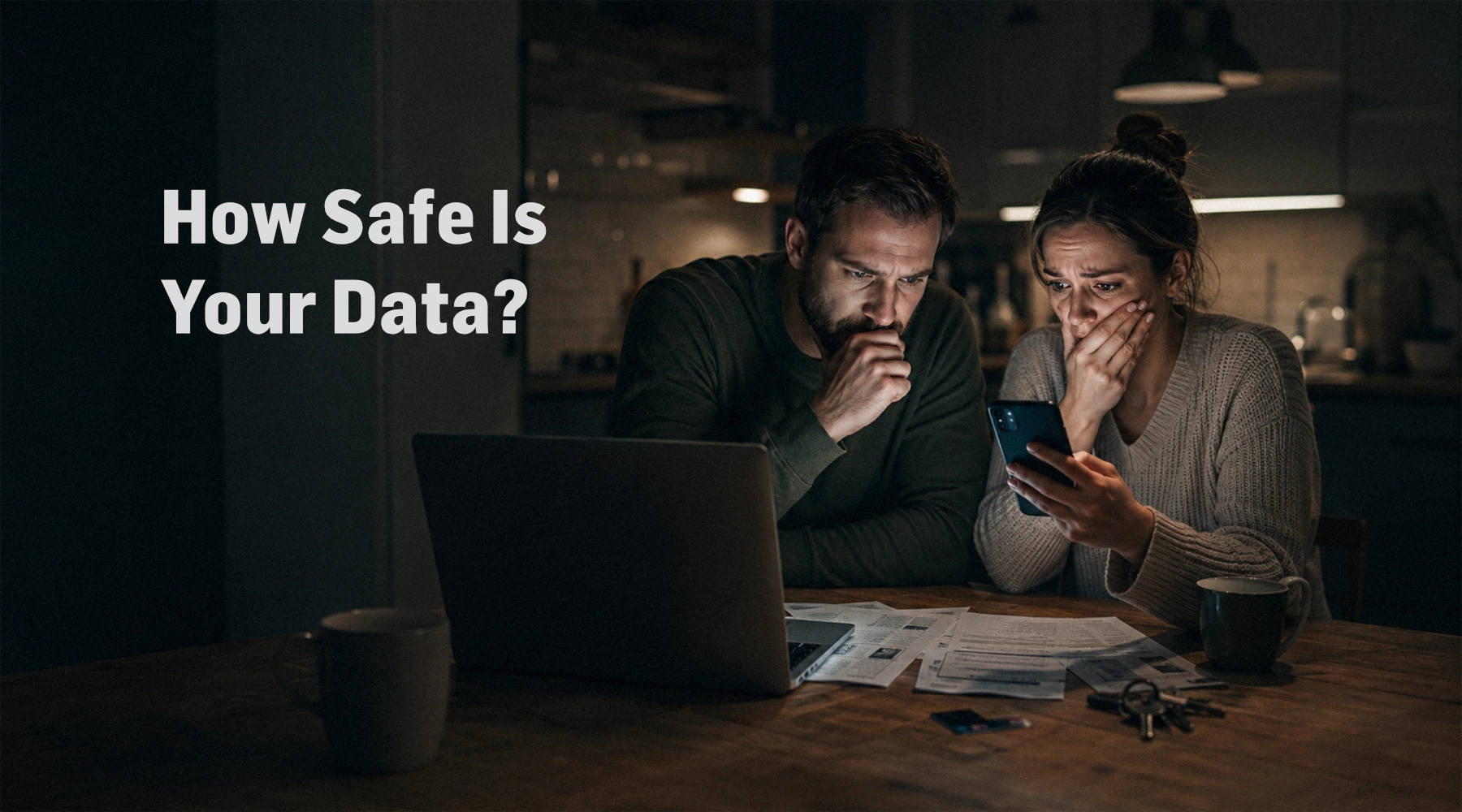 Concerned couple at a kitchen table checking a laptop and phone beneath the question, “How Safe Is Your Data?”
